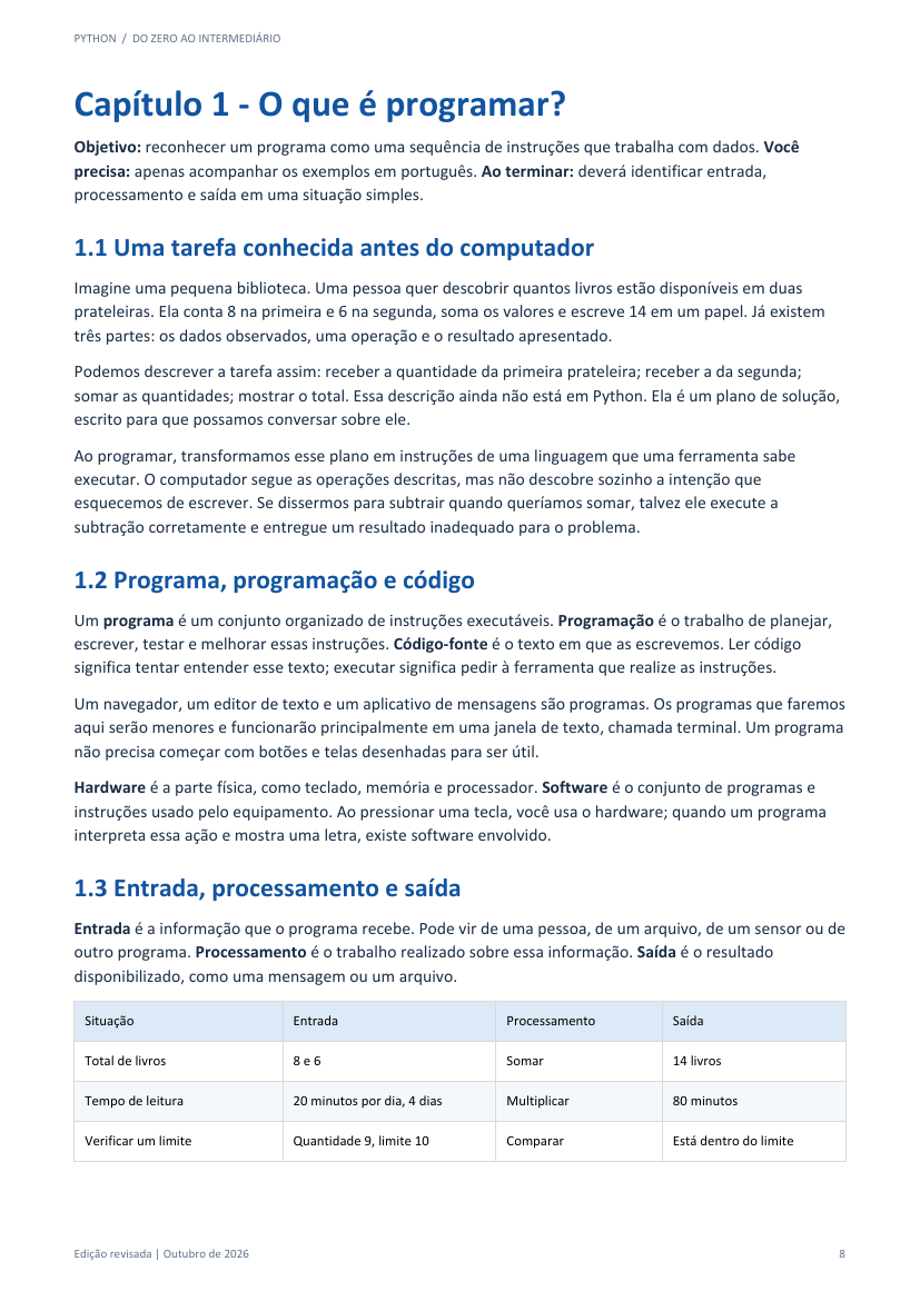 Página 1 da amostra: o que é programar, programa, código e entrada, processamento e saída